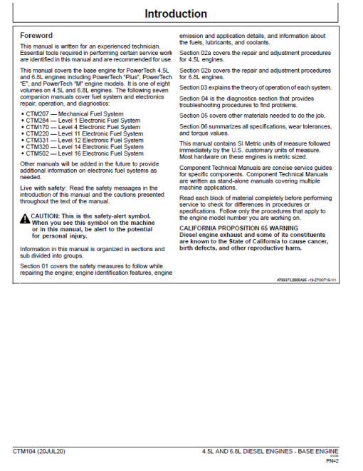 John Deere PowerTech 4.5L & 6.8L Diesel Engines (Base Engine) Repair Technical Manual (CTM104) - Image 2