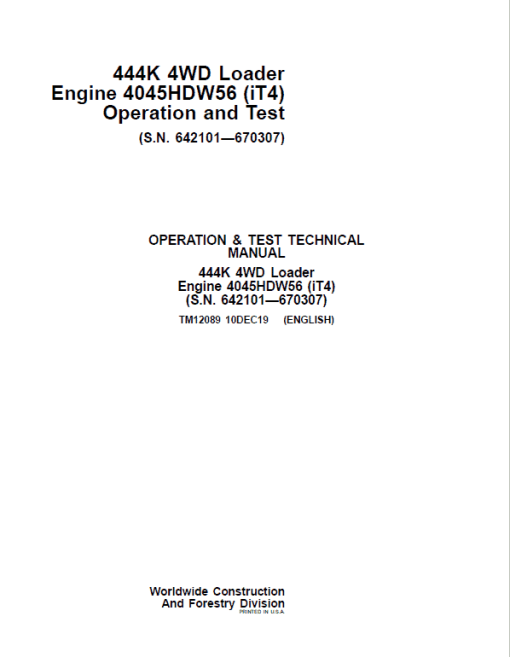 John Deere 444K 4WD Loader Engine 4045HDW56 iT4 Technical Manual (SN. 642101 - 670307) - Image 2