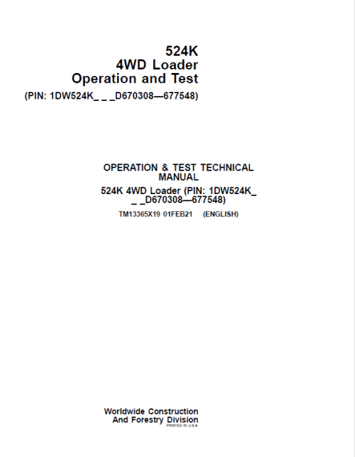 John Deere 524K 4WD Loader Technical Manual (SN. D670308 - D677548) - Image 2