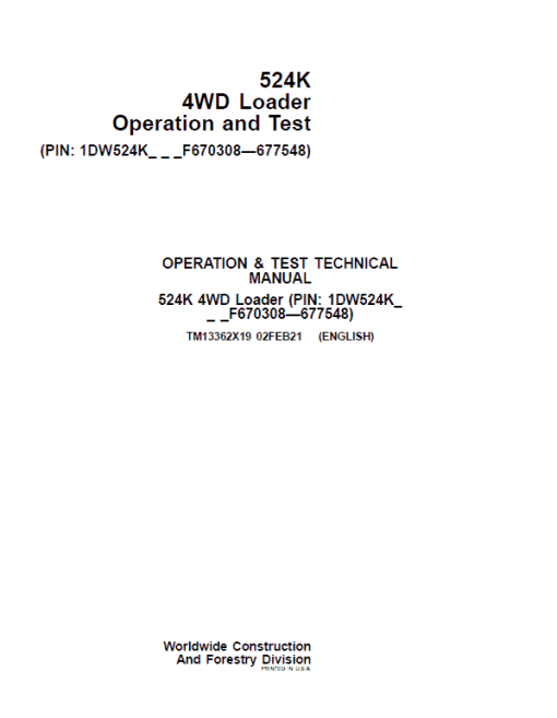 John Deere 524K 4WD Loader Technical Manual (SN. F670307 - F677548) - Image 2