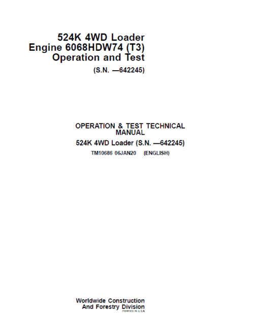 John Deere 524K 4WD Loader Engine 6068HDW74 T3 Technical Manual (SN. before 642245) - Image 2