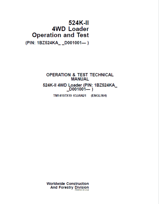 John Deere 524K-II 4WD Loader Technical Manual (SN. from D001001) - Image 2