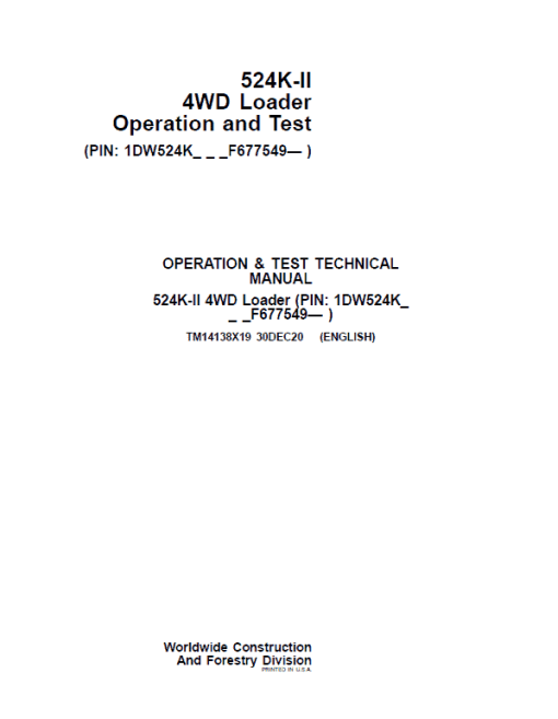 John Deere 524K-II 4WD Loader Technical Manual (SN. from F677549) - Image 2