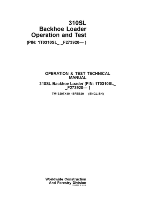 John Deere 310S Backhoe Loader Technical Manual (SN. F273920-) - Image 2