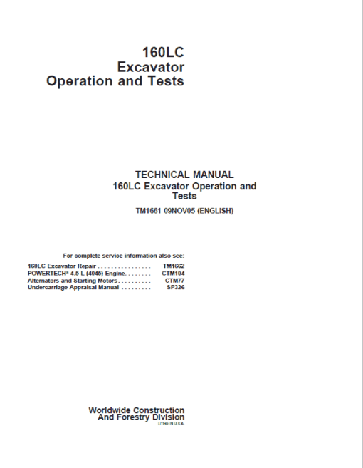 John Deere 160LC Excavator Repair Technical Manual - Image 2