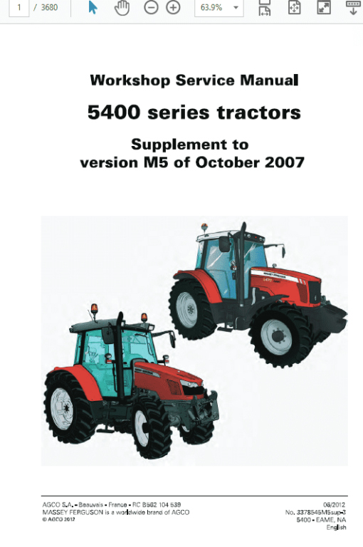 Massey Ferguson 5425, 5435, 5445, 5460, 5465, 5470, 5475, 5480 Tractors Workshop Manual