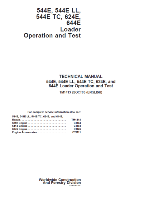 John Deere 544E, 544E LL, 544E TC, 624E, 644E Loader Technical Manual - Image 2