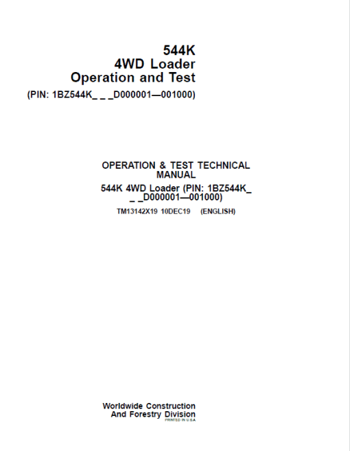 John Deere 544K 4WD Loader Technical Manual (SN. D000001 - D001000) - Image 2