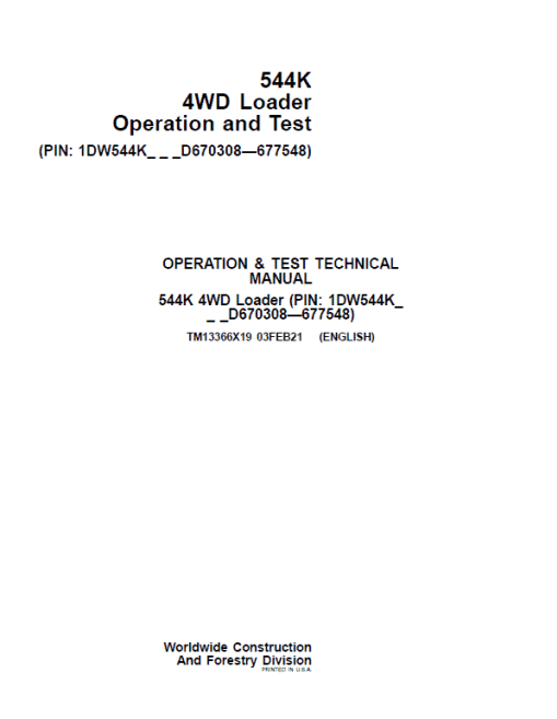 John Deere 544K 4WD Loader Technical Manual (SN. D670308 - D677548) - Image 2