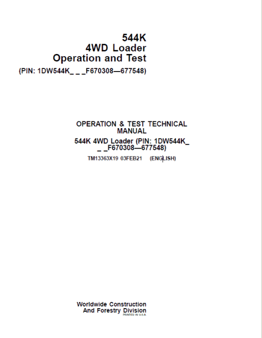 John Deere 544K 4WD Loader Technical Manual (SN. F670308 - F677548) - Image 2