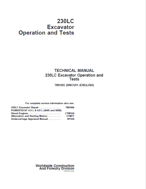 John Deere 230LC Excavator Repair Technical Manual - Image 2