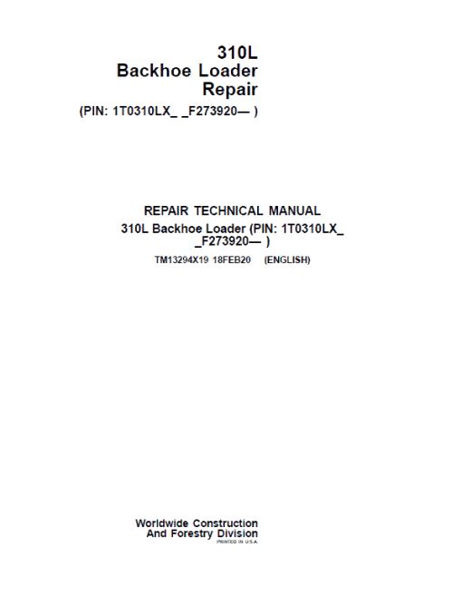 John Deere 310L Backhoe Loader Repair Technical Manual (S.N F273920 - F390995) - Image 2