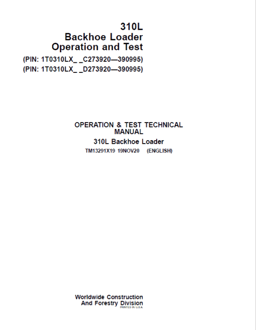 John Deere 310L Backhoe Repair Technical Manual (S.N after C273920 & D273920 - 390995) - Image 2