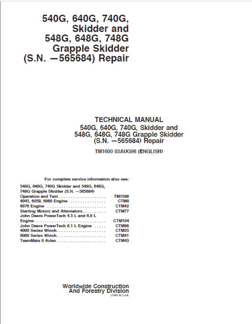 John Deere 540G, 640G, 740G Skiders Repair Manual (S.N before 565684) - Image 2