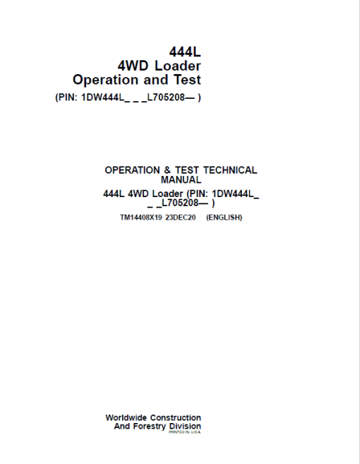 John Deere 444L 4WD Loader Repair Technical Manual (S.N L705208 - ) - Image 2