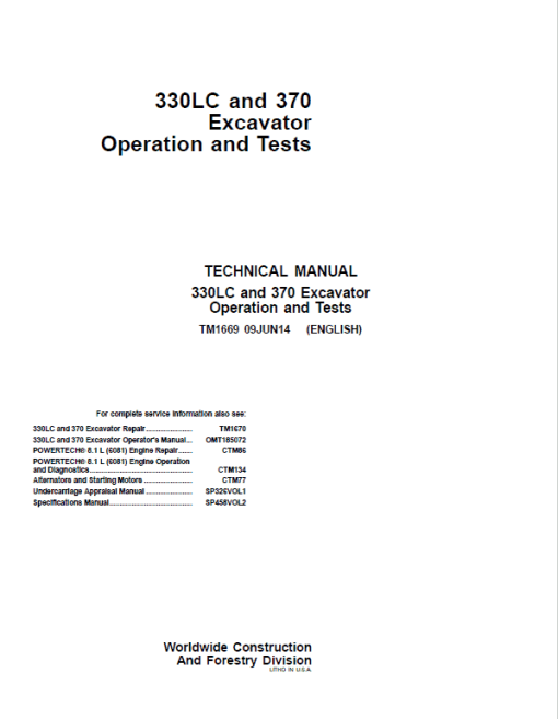 John Deere 330LC, 370 Excavator Repair Technical Manual - Image 2