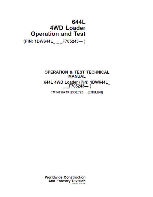 John Deere 644L 4WD Loader Repair Technical Manual (S.N F705243 - ) - Image 2