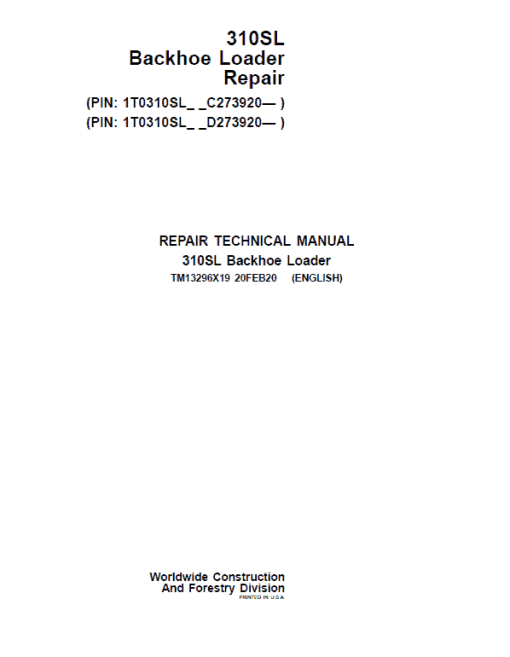 John Deere 310SL Backhoe Repair Technical Manual (S.N after C273920 & D273920 - 390995) - Image 2