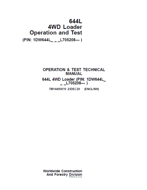 John Deere 644L 4WD Loader Repair Technical Manual (S.N L705208 - ) - Image 2