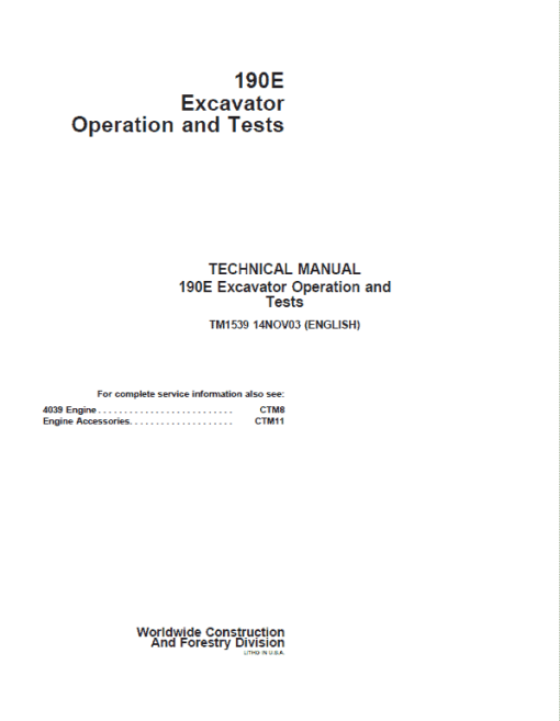 John Deere 190E Excavator Repair Technical Manual - Image 2