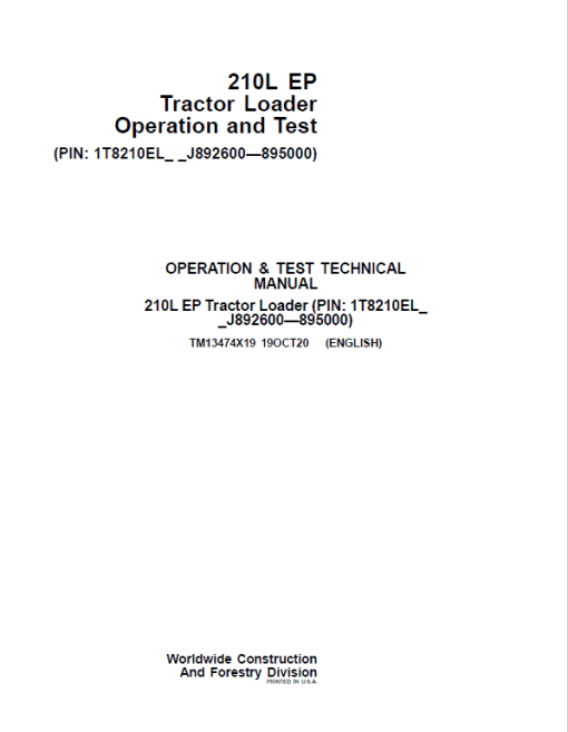 John Deere 210L EP Tractor Loader Repair Technical Manual (S.N J892600 - 895000) - Image 2