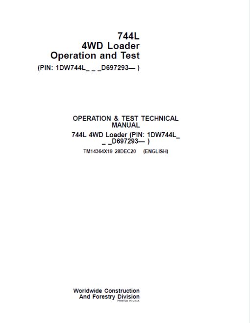 John Deere 744L 4WD Loader Repair Technical Manual (S.N D697293 - ) - Image 2