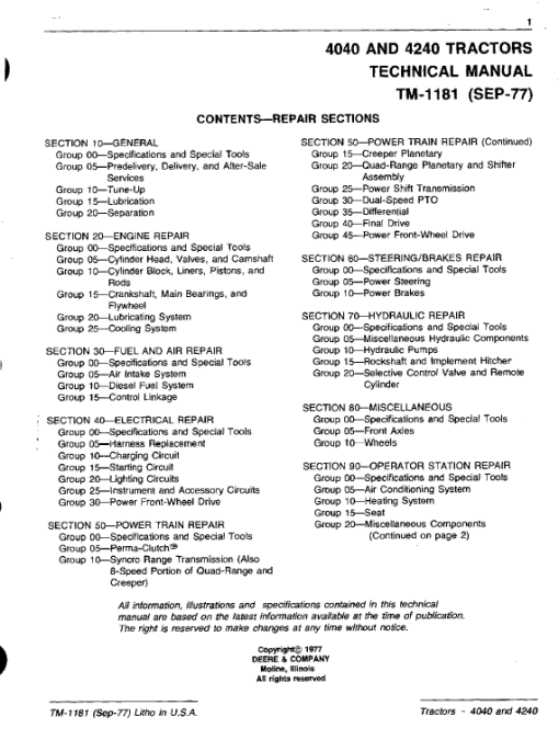 John Deere 4040, 4240 Tractors Repair Technical Manual - Image 2