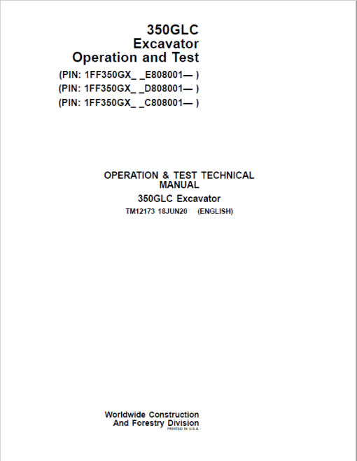 John Deere 350GLC Excavator Technical Manual (PIN: 1FF350GX_C808001, D808001, E808001 -) - Image 2