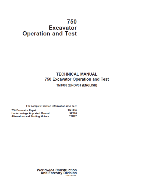 John Deere 750 Excavator Repair Technical Manual - Image 2