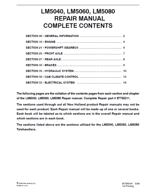 New Holland LM5040, LM5060, LM5080 Telehandlers Service Repair Manual - Image 2