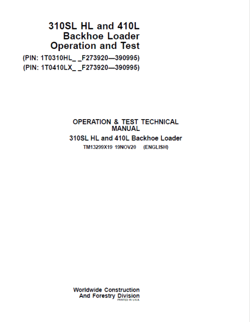 John Deere 310SL HL, 410L Backhoe Loader Technical Manual (S.N F273920 -F390995) - Image 2