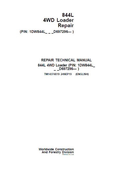 John Deere 844L 4WD Loader Repair Technical Manual (S.N D697293 - ) - Image 2