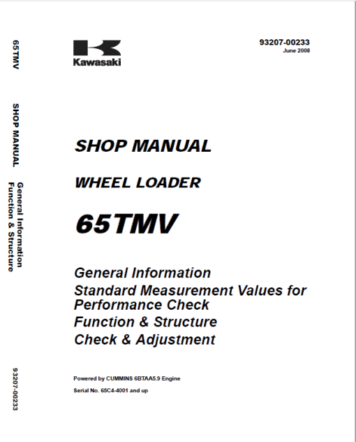 Kawasaki 65ZV, 65TMV Wheel Loader Repair Service Manual - Image 2