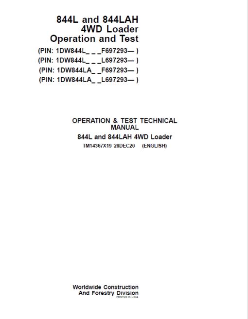 John Deere 844L, 844LAH 4WD Loader Repair Technical Manual (S.N F697293 & L697293 - ) - Image 2