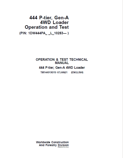 John Deere 444 P-Tier, Gen-A 4WD Loader Repair Technical Manual (S.N L_10283 - ) - Image 2