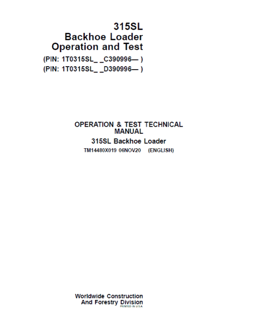 John Deere 315SL Backhoe Loader Technical Manual (S.N C390996 & D390996 - ) - Image 2