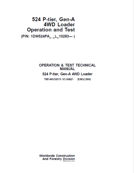 John Deere 524 P-Tier, Gen-A 4WD Loader Repair Technical Manual (S.N L_10283 - ) - Image 2