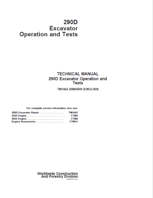 John Deere 290D Excavator Repair Technical Manual - Image 2