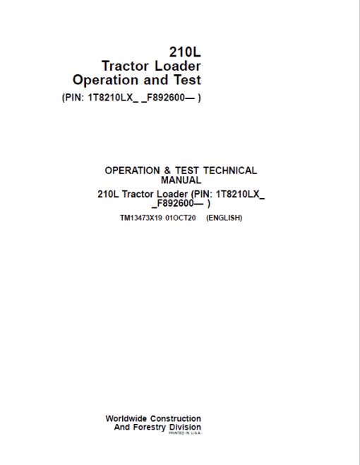 John Deere 210L Tractor Loader Repair Technical Manual (S.N after F892600 -) - Image 2