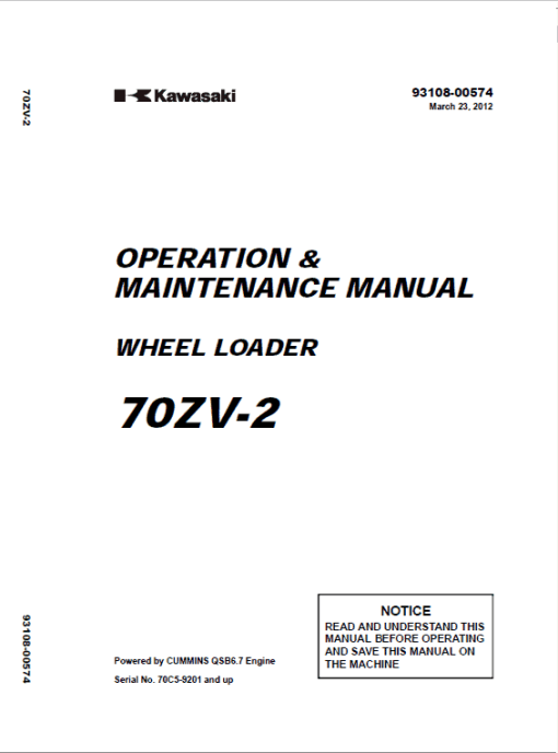 Kawasaki 70ZV-2, 70TMV-2 Wheel Loader Service Manual - Image 4