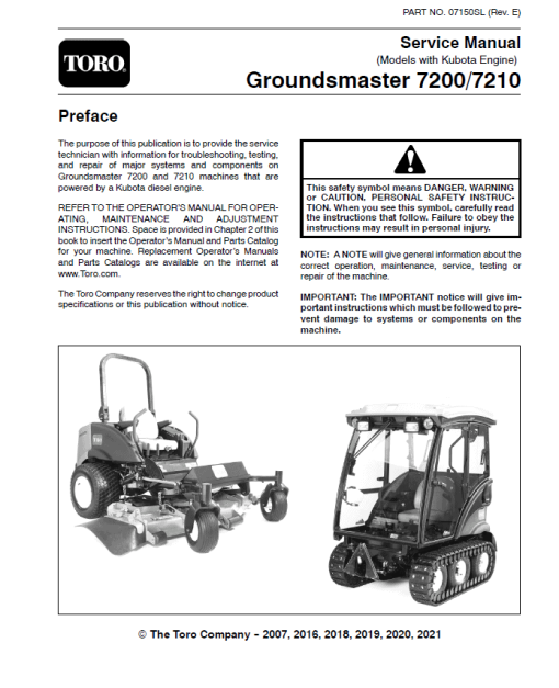 Toro Groundsmaster 7200, 7210 (Kubota Engine) Service Repair Manual - Image 2