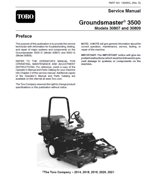 Toro Groundsmaster 3500-D, 3500-G (Model 30807, 30809) Service Repair Manual - Image 2