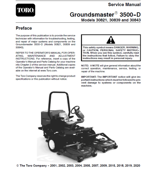 Toro Groundsmaster 3500-D (Model 30821, 30839, 30843) Service Repair Manual - Image 2