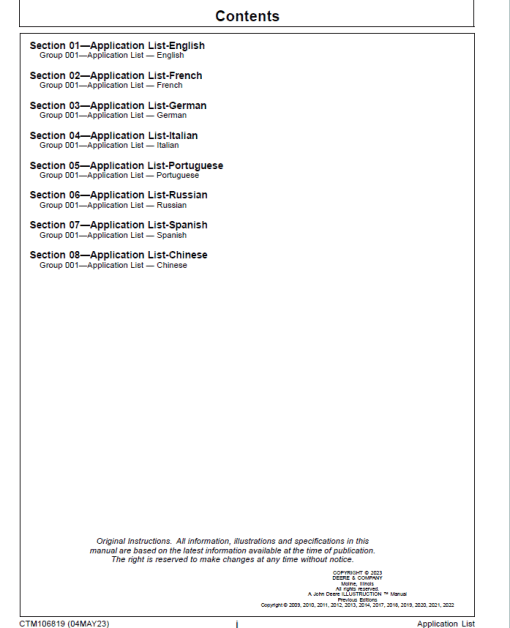 John Deere Application List Information about the Engine Manuals (CTM106819) - Image 2