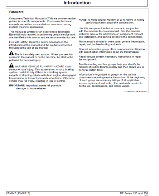 John Deere DF Series 150, 250 Transmissions (Analog) Repair Manual (CTM147) - Image 2