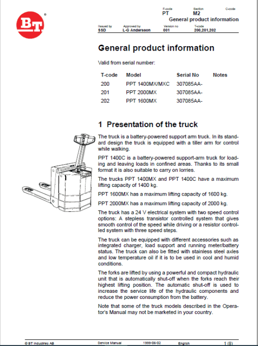 BT PPT 1400MX, PPT 1600MX, PPT 2000MX, PPL 2000MX Pallet Truck Manual