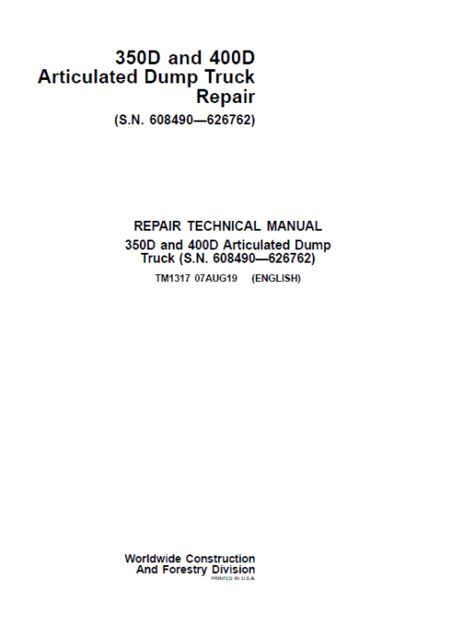 John Deere 350D, 400D Articulated Dump Truck Repair Manual (S.N 608490 - 626762) - Image 2