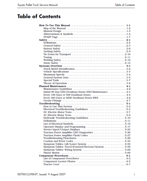 Toyota 8HBW30, 8HBE30, 8HBC30, 8HBE40, 8HBC40, 8TB50 Pallet Trucks Repair Manual - Image 2