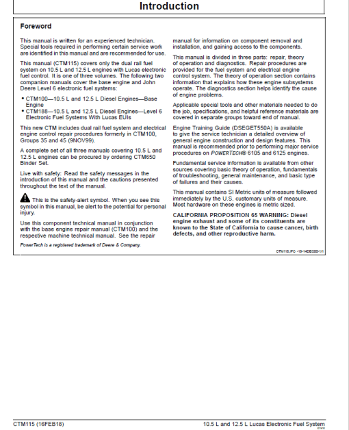 John Deere PowerTech 10.5L, 12.5L Diesel Engines Lucas Electronic Fuel Systems Repair Manual (CTM115) - Image 2