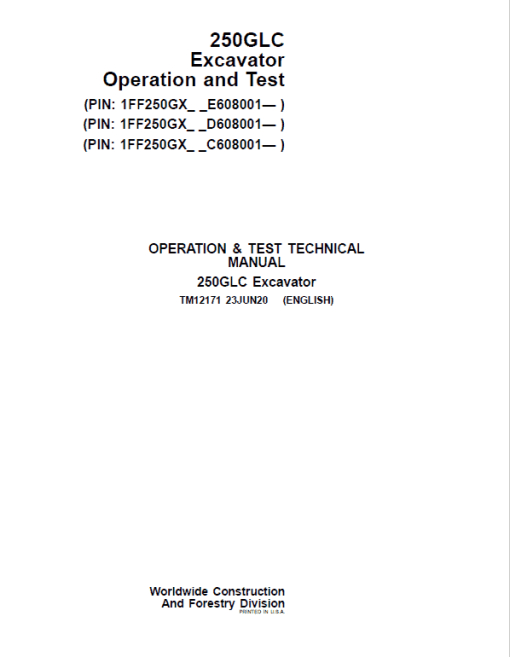 John Deere 250GLC Excavator Technical Manual (PIN: 1FF250GX_C608001, D608001, E608001 - ) - Image 2